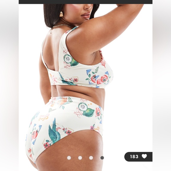 ASOS DESIGN Curve high leg high waist bikini bottom/ top in postcard print - Picture 2 of 8